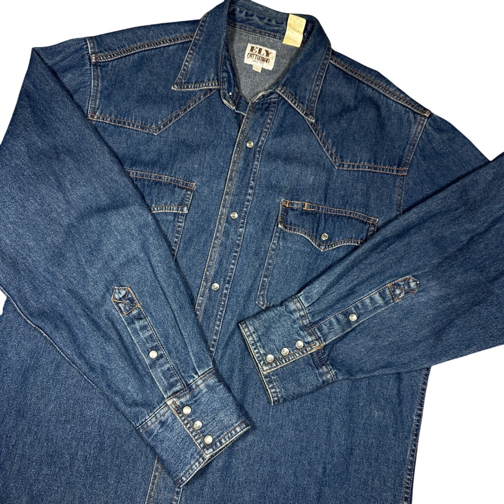 Ely Cattleman Mens Blue Denim Western Pearl Snap Shirt Large 202950RG LS